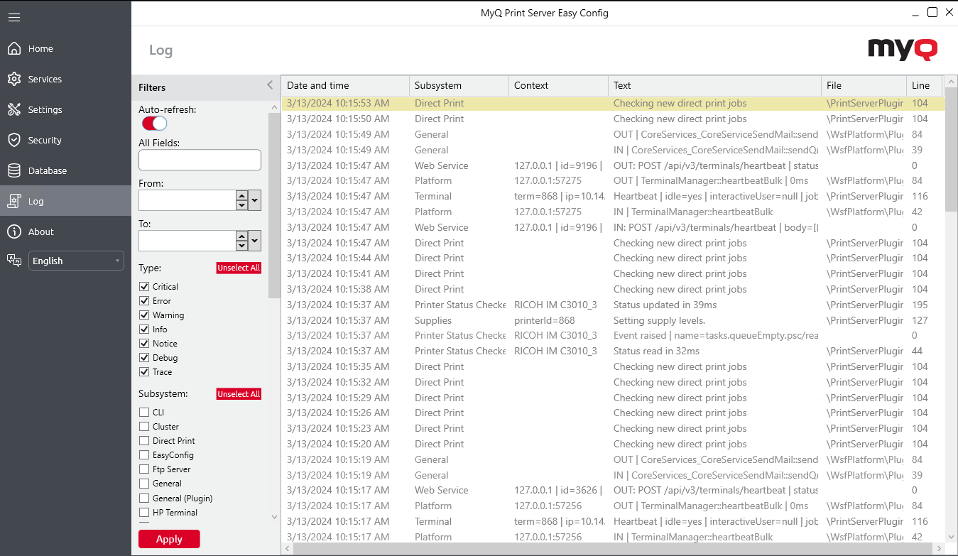 Log tab - Easy Config